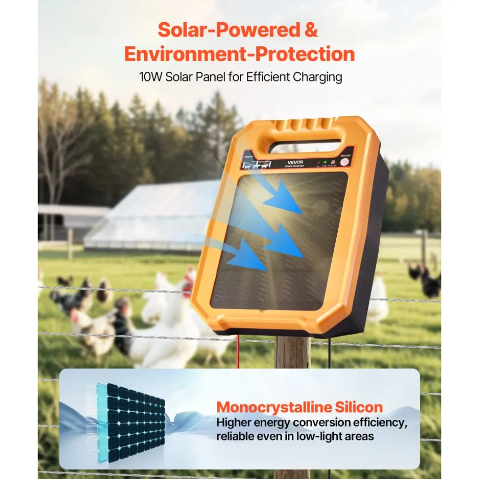 VEVOR Solar Fence Charger, 0.3J 8 kV Solar Powered Fence Charger, 1.86 Miles Range, Weather-Resistant Electric Fence Energizer Kit, 7 Days Runtime, for Livestock, Poultry, Garden Protection