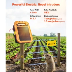 VEVOR Solar Fence Charger, 0.3J 8 kV Solar Powered Fence Charger, 1.86 Miles Range, Weather-Resistant Electric Fence Energizer Kit, 7 Days Runtime, for Livestock, Poultry, Garden Protection