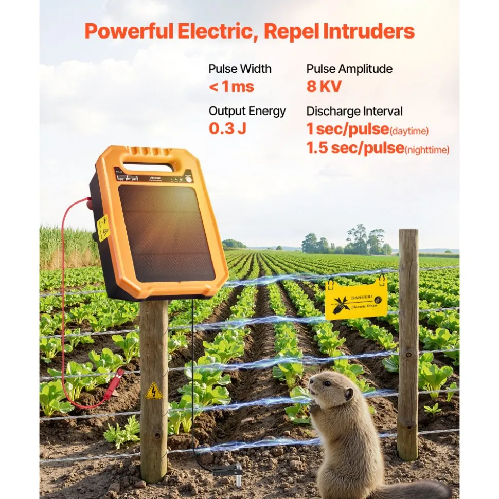 VEVOR Solar Fence Charger, 0.3J 8 kV Solar Powered Fence Charger, 1.86 Miles Range, Weather-Resistant Electric Fence Energizer Kit, 7 Days Runtime, for Livestock, Poultry, Garden Protection