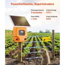 VEVOR Solar Fence Charger, 0.6J 8kV Solar Powered Fence Charger, 1.86 Miles Range, Electric Fence Energizer Kit, Keep Out Predators, 4-5 Days Runtime, for Livestock, Poultry, Garden Protection