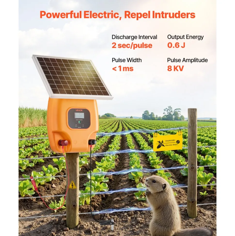 VEVOR Solar Fence Charger, 0.6J 8kV Solar Powered Fence Charger, 1.86 Miles Range, Electric Fence Energizer Kit, Keep Out Predators, 4-5 Days Runtime, for Livestock, Poultry, Garden Protection