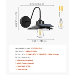 VEVOR Solar Outdoor Barn Light, 3 Lighting Modes and Motion Sensor, 1-Pack Gooseneck Light Fixture,Farmhouse Wall Sconce, with E26 Bulb Compatible, Waterproof for Porch, House, Entryway, Garage, Black