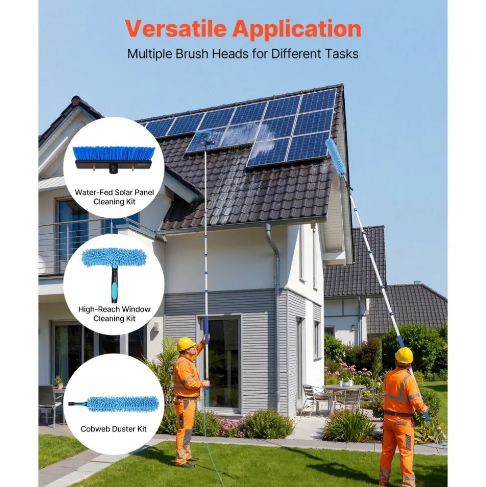 VEVOR Solar Panel Cleaning Kit, 15 ft, Water Fed Pole Kit with Cleaning Brush, Squeegee, Soap Dispenser, Extendable Aluminum Telescopic Pole, 180° Rotatable Brush Head, for Roof Mounted Solar Panels