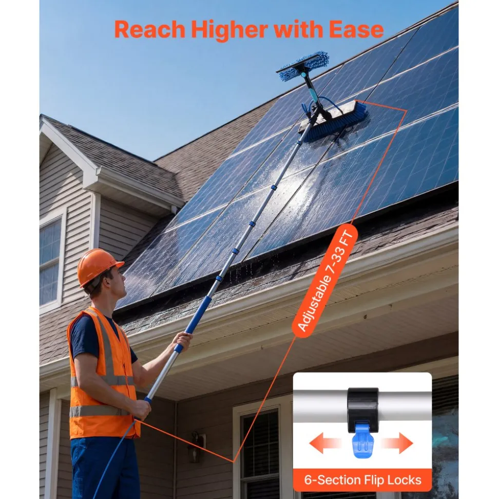 VEVOR Solar Panel Cleaning Kit, 15 ft, Water Fed Pole Kit with Cleaning Brush, Squeegee, Soap Dispenser, Extendable Aluminum Telescopic Pole, 180° Rotatable Brush Head, for Roof Mounted Solar Panels