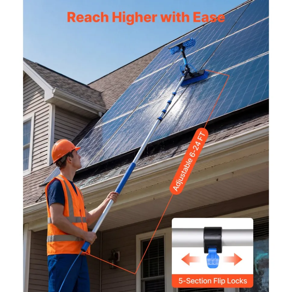 VEVOR Solar Panel Cleaning Kit, 26 ft, Water Fed Pole Kit with Cleaning Brush, Soap Dispenser, Extendable Aluminum Telescopic Pole, 180° Rotatable Brush Head, for Roof Mounted Solar Panels, Windows