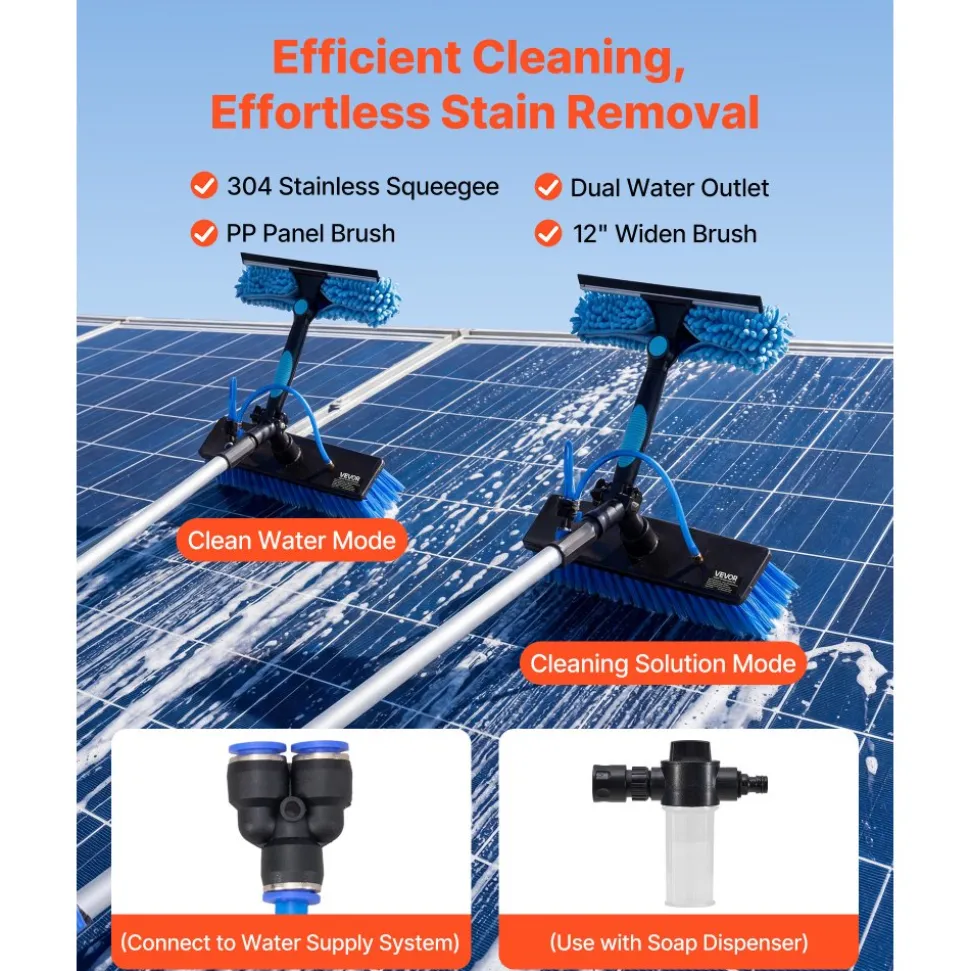 VEVOR Solar Panel Cleaning Kit, 26 ft, Water Fed Pole Kit with Cleaning Brush, Soap Dispenser, Extendable Aluminum Telescopic Pole, 180° Rotatable Brush Head, for Roof Mounted Solar Panels, Windows
