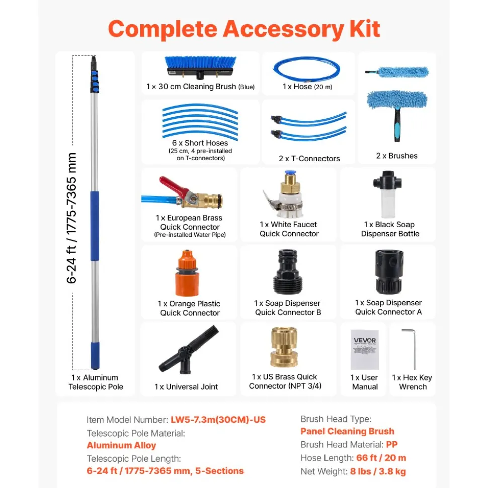 VEVOR Solar Panel Cleaning Kit, 26 ft, Water Fed Pole Kit with Cleaning Brush, Soap Dispenser, Extendable Aluminum Telescopic Pole, 180° Rotatable Brush Head, for Roof Mounted Solar Panels, Windows