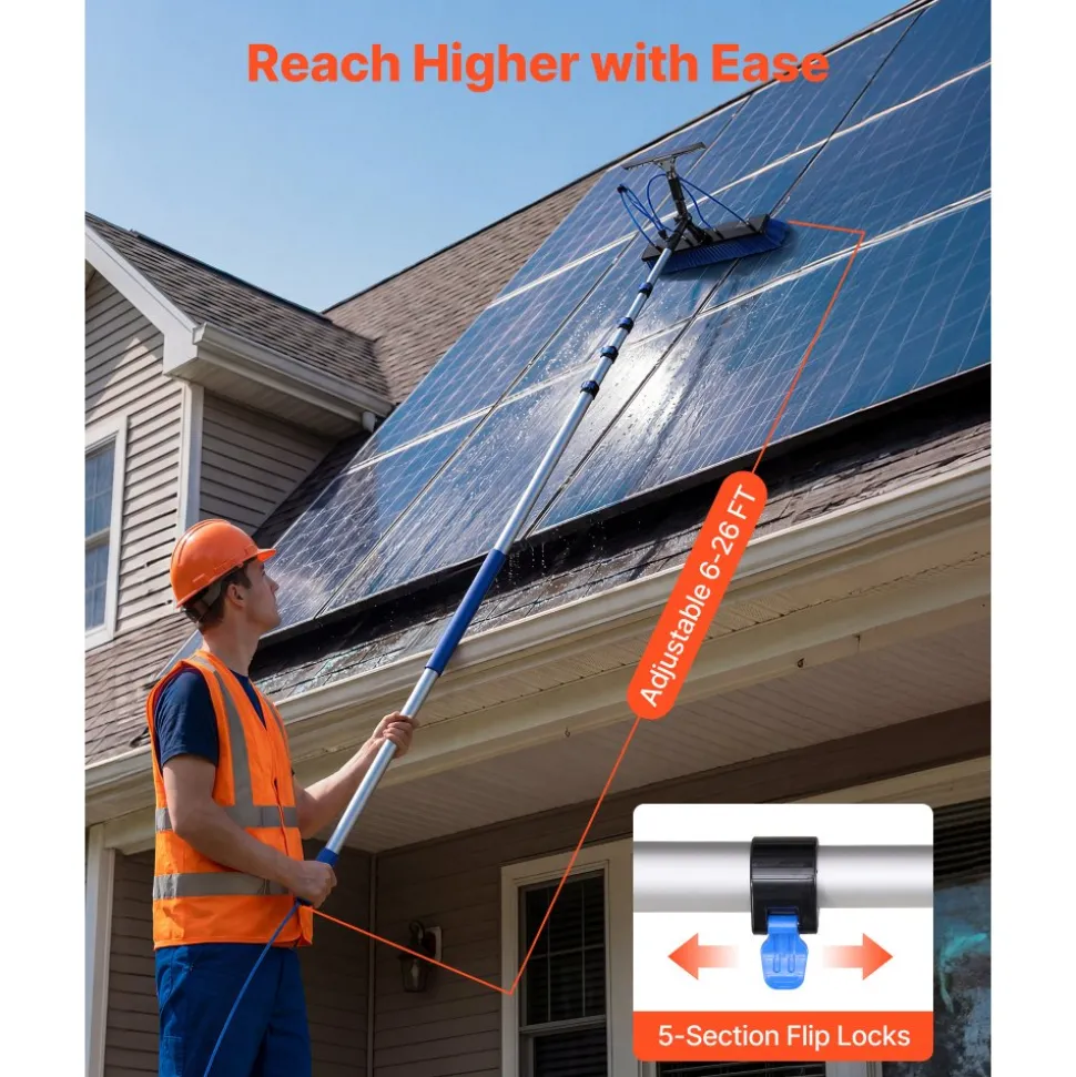 VEVOR Solar Panel Cleaning Kit, 26 ft, Water Fed Pole Kit with Cleaning Brush, Squeegee, Soap Dispenser, Extendable Aluminum Telescopic Pole, 180° Rotatable Brush Head, for Roof Mounted Solar Panels