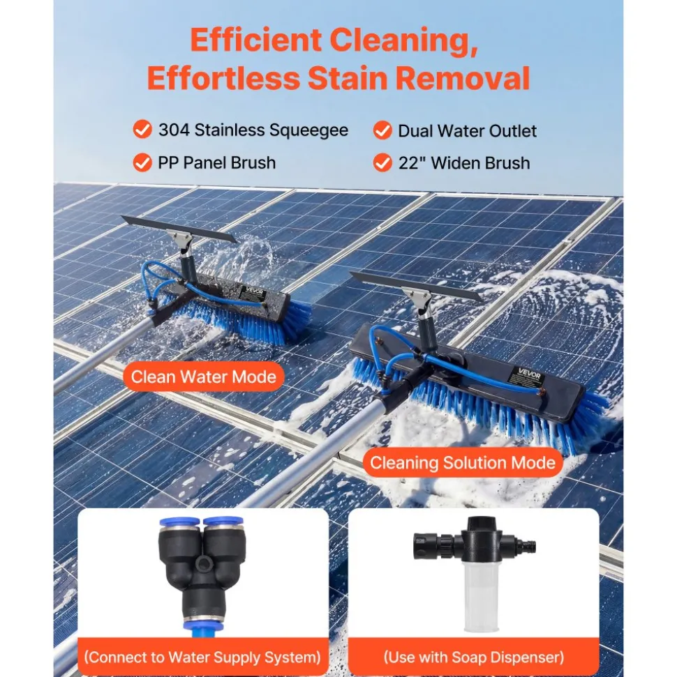 VEVOR Solar Panel Cleaning Kit, 26 ft, Water Fed Pole Kit with Cleaning Brush, Squeegee, Soap Dispenser, Extendable Aluminum Telescopic Pole, 180° Rotatable Brush Head, for Roof Mounted Solar Panels