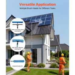VEVOR Solar Panel Cleaning Kit, 33 ft, Water Fed Pole Kit with Cleaning Brush, Squeegee, Soap Dispenser, Extendable Aluminum Telescopic Pole, 180° Rotatable Brush Head, for Roof Mounted Solar Panels