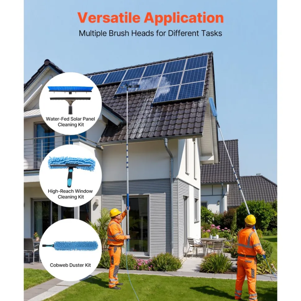 VEVOR Solar Panel Cleaning Kit, 33 ft, Water Fed Pole Kit with Cleaning Brush, Squeegee, Soap Dispenser, Extendable Aluminum Telescopic Pole, 180° Rotatable Brush Head, for Roof Mounted Solar Panels
