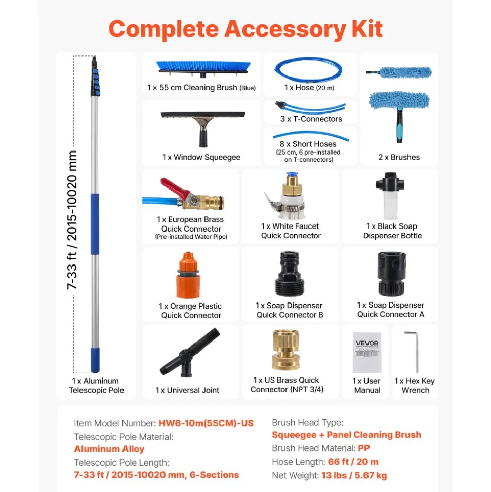 VEVOR Solar Panel Cleaning Kit, 33 ft, Water Fed Pole Kit with Cleaning Brush, Squeegee, Soap Dispenser, Extendable Aluminum Telescopic Pole, 180° Rotatable Brush Head, for Roof Mounted Solar Panels