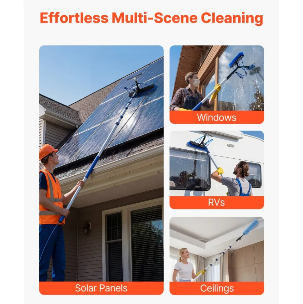VEVOR Solar Panel Cleaning Kit, 33 ft, Water Fed Pole Kit with Cleaning Brush, Squeegee, Soap Dispenser, Extendable Aluminum Telescopic Pole, 180° Rotatable Brush Head, for Roof Mounted Solar Panels