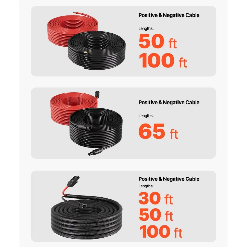 VEVOR Solar Panel Wire, 50 ft Black + 50 ft Red Kit, 10 AWG (6 mm²) Solar Panel Extension Cable, PV Tinned Copper Wire, for Outdoor Home Off-Grid Photovoltaic Systems Automotive RV Boat Marine, IP67