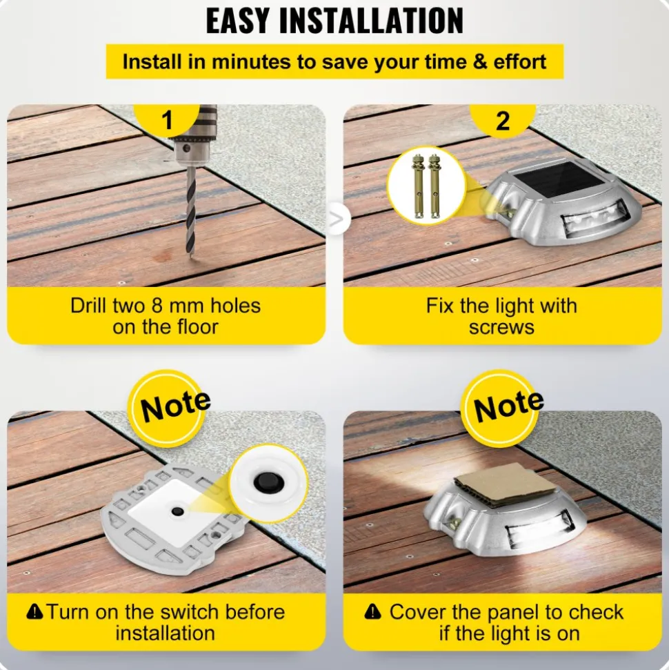 VEVOR Solar Pathway Lights, 12-Pack, White, Includes Screws, Weatherproof Outdoor Deck Lights, 6 LED, Ideal for Garden Paths, Walkways, Driveways & Steps