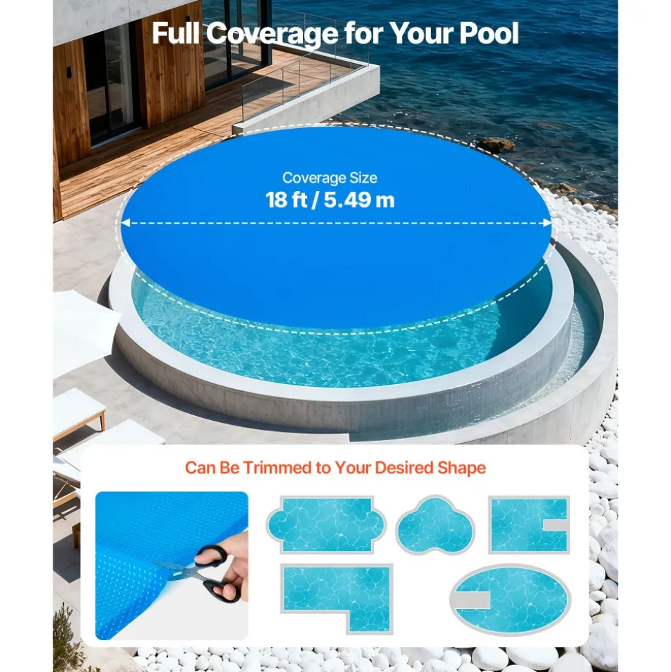 VEVOR Solar Pool Cover, 18 ft Round Pool Bubble Cover, 16 Mil Pools Solar Blanket with Bubble & PE Material, Daytime Heat Absorption, Nighttime Heat Retention, Heat Retaining Solars Covers, Blue