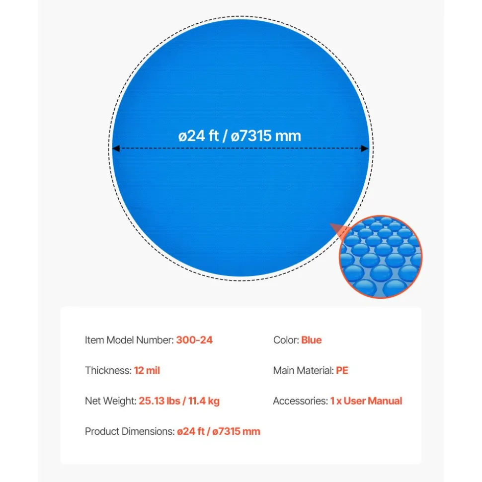 VEVOR Solar Pool Cover, 24 ft Round Pool Bubble Cover, 12 Mil Pools Solar Blanket with Bubble & PE Material, Daytime Heat Absorption, Nighttime Heat Retention, Heat Retaining Solars Covers, Blue