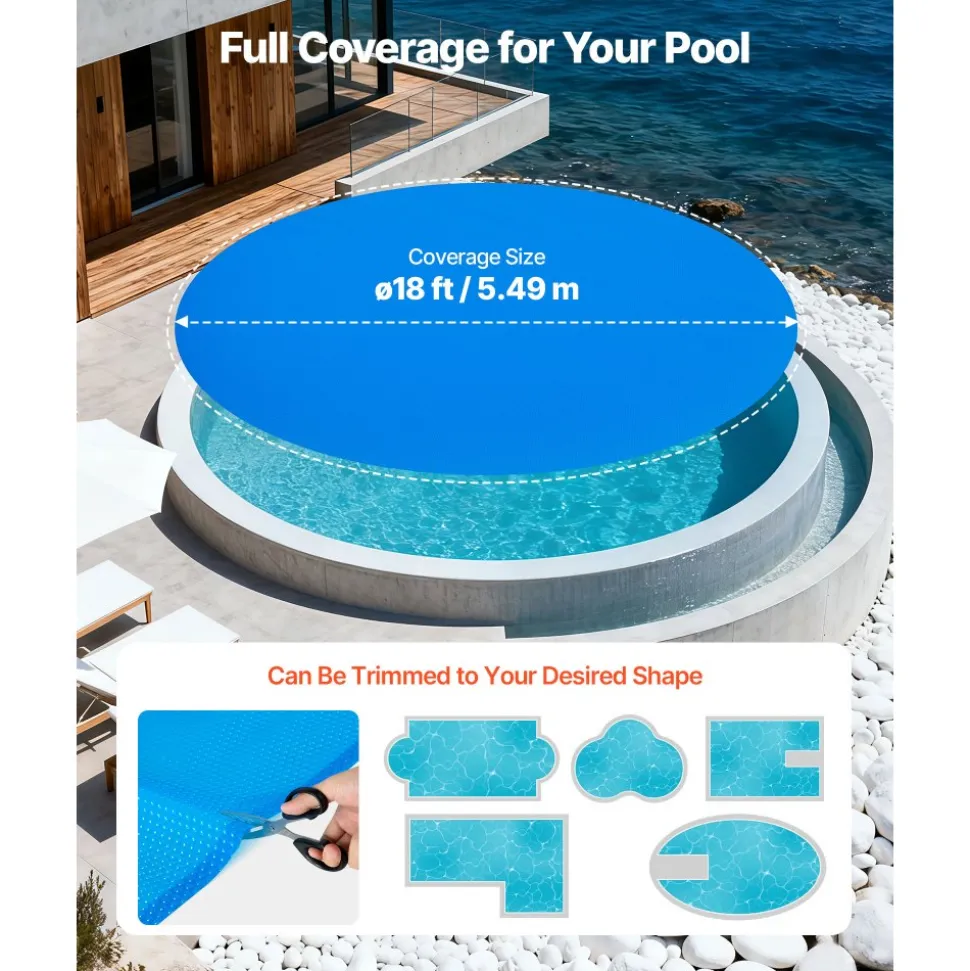 VEVOR Solar Pool Cover, 18 ft Round Pool Bubble Cover, 12 Mil Pools Solar Blanket with Bubble & PE Material, Daytime Heat Absorption, Nighttime Heat Retention, Heat Retaining Solars Covers, Blue