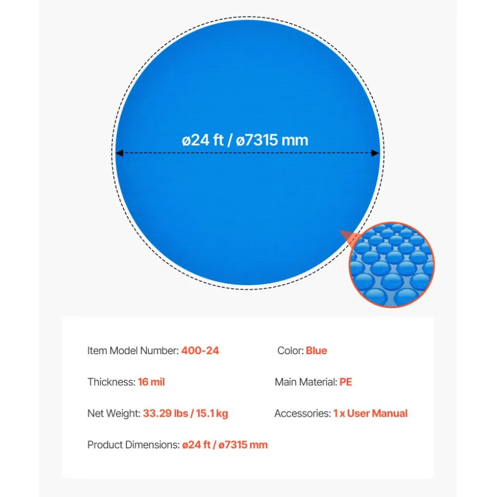 VEVOR Solar Pool Cover, 24 ft Round Pool Bubble Cover, 16 Mil Pools Solar Blanket with Bubble & PE Material, Daytime Heat Absorption, Nighttime Heat Retention, Heat Retaining Solars Covers, Blue