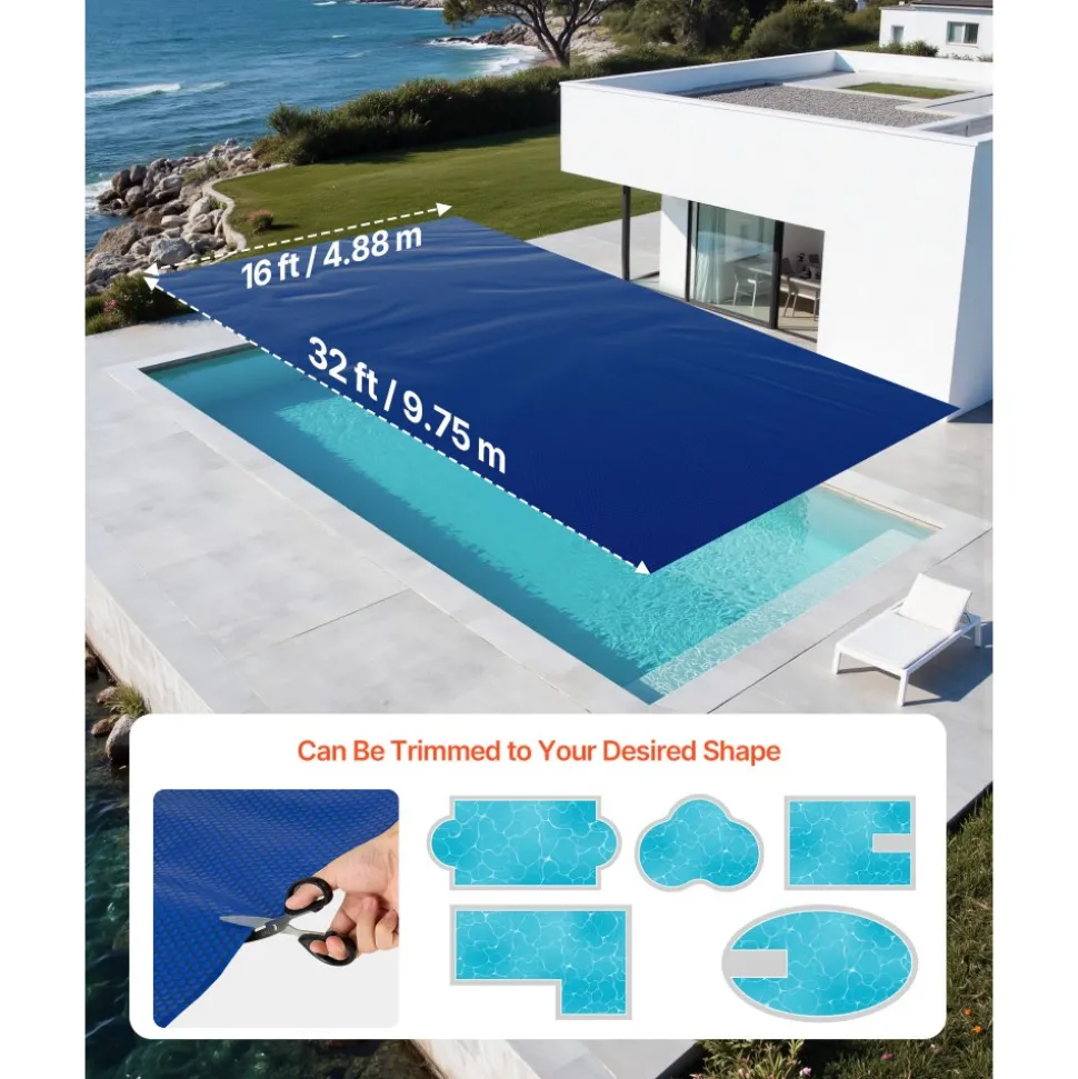 VEVOR Solar Pool Cover, 32 x 16 ft Pool Bubble Cover, 16 Mil Pools Solar Blanket with Dual Heat-Locking Air Layer for Pools, Daytime Heat Absorption, Nighttime Heat Retention, Blue & Silver, Cuttable