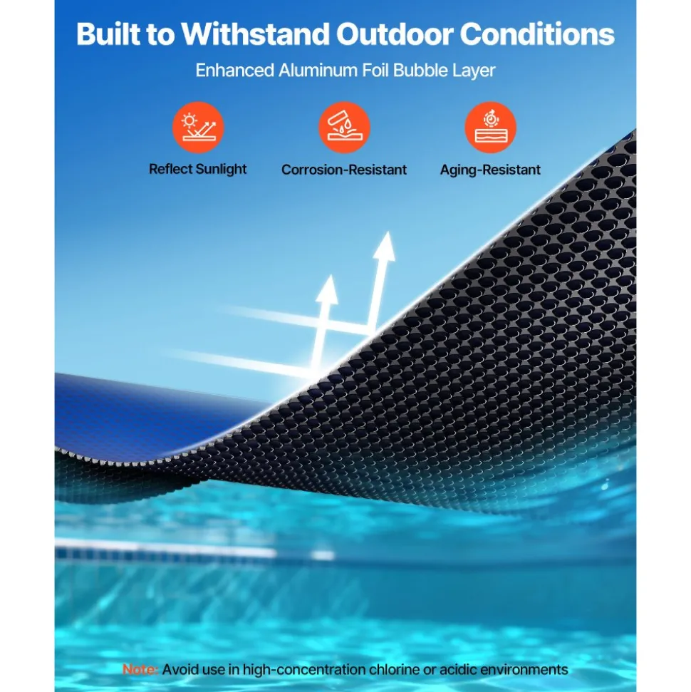 VEVOR Solar Pool Cover, 32 x 16 ft Pool Bubble Cover, 16 Mil Pools Solar Blanket with Dual Heat-Locking Air Layer for Pools, Daytime Heat Absorption, Nighttime Heat Retention, Blue & Silver, Cuttable