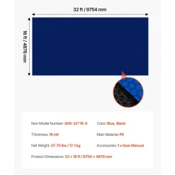VEVOR Solar Pool Cover, 32 x 16 ft Pool Bubble Cover, 16 Mil Pools Solar Blanket with Dual Heat-Locking Air Layer for Pools, Daytime Heat Absorption, Nighttime Heat Retention, Blue & Silver, Cuttable
