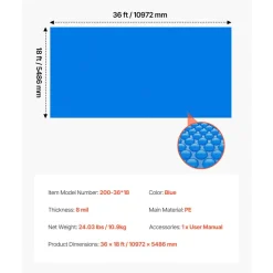 VEVOR Solar Pool Cover, 36 x 18 ft Rectangle Pool Bubble Cover, 8 Mil Pools Solar Blanket with Bubble & PE Material, Daytime Heat Absorption, Nighttime Heat Retention, Heat Retaining Solars Covers, Blue