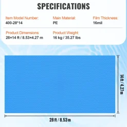 VEVOR Solar Pool Cover, 28 x 14 ft Rectangle Solar Blanket for Pools, Inground Above Ground Swimming Pool Solar Cover, 16 mil Solar Covers Blue