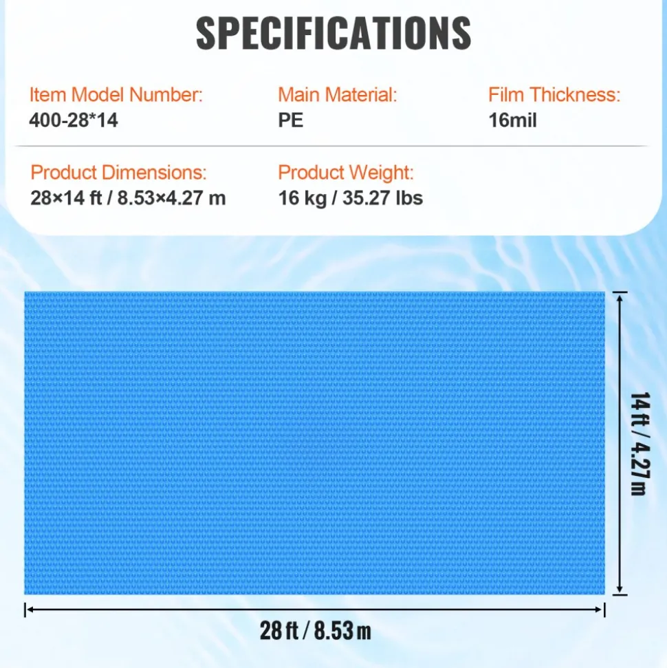 VEVOR Solar Pool Cover, 28 x 14 ft Rectangle Solar Blanket for Pools, Inground Above Ground Swimming Pool Solar Cover, 16 mil Solar Covers Blue