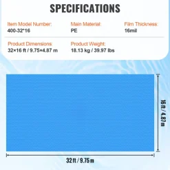 VEVOR Solar Pool Cover, 32 x 16 ft Rectangle Solar Blanket for Pools, Inground Above Ground Swimming Pool Solar Cover, 16 mil Solar Covers Blue