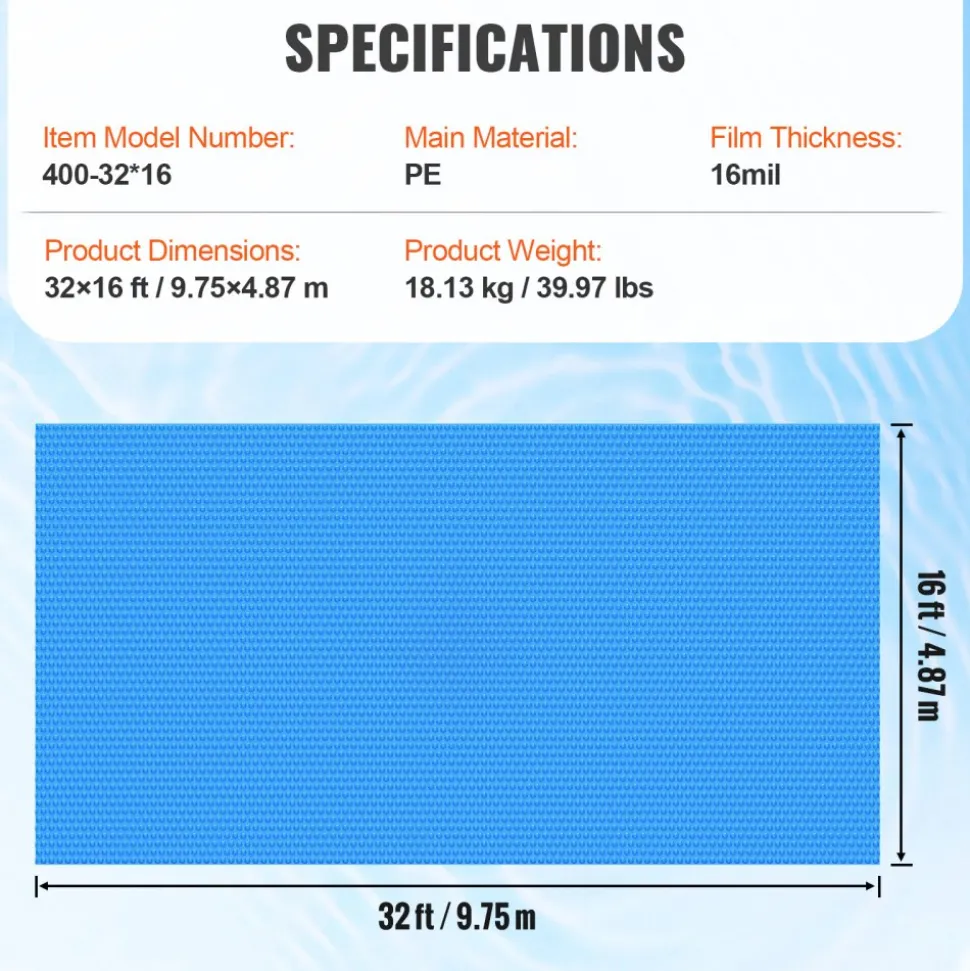 VEVOR Solar Pool Cover, 32 x 16 ft Rectangle Solar Blanket for Pools, Inground Above Ground Swimming Pool Solar Cover, 16 mil Solar Covers Blue