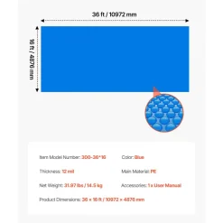 VEVOR Solar Pool Cover, 36 x 16 ft Rectangle Pool Bubble Cover, 12 Mil Pools Solar Blanket with Bubble & PE Material, Daytime Heat Absorption, Nighttime Heat Retention, Heat Retaining Solars Covers, Blue
