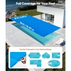 VEVOR Solar Pool Cover, 36 x 16 ft Rectangle Pool Bubble Cover, 12 Mil Pools Solar Blanket with Bubble & PE Material, Daytime Heat Absorption, Nighttime Heat Retention, Heat Retaining Solars Covers, Blue