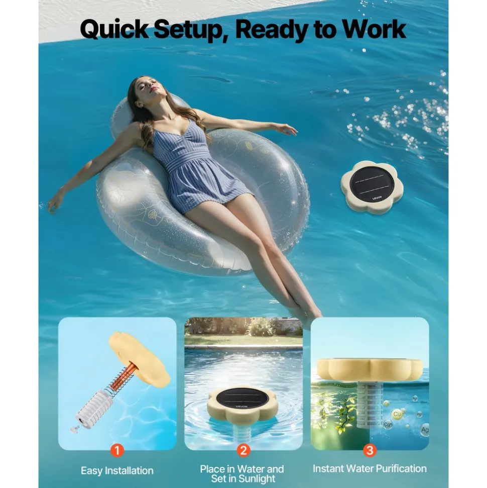 VEVOR Solar Pool Ionizer, Petal Copper Pool Ionizer Up to 45000 Gal, Floating Automatic Water Cleaner and Purifier, Chlorine Free Water, with Copper Anode, Spring, Brush and Filter for Pools & Spas