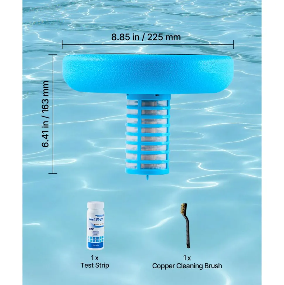 VEVOR Solar Pool Ionizer, Round Copper Pool Ionizer Up to 45000 Gal, Floating Automatic Water Cleaner and Purifier, Chlorine Free Water, with Copper Anode, Spring, Brush and Filter for Pools & Spas