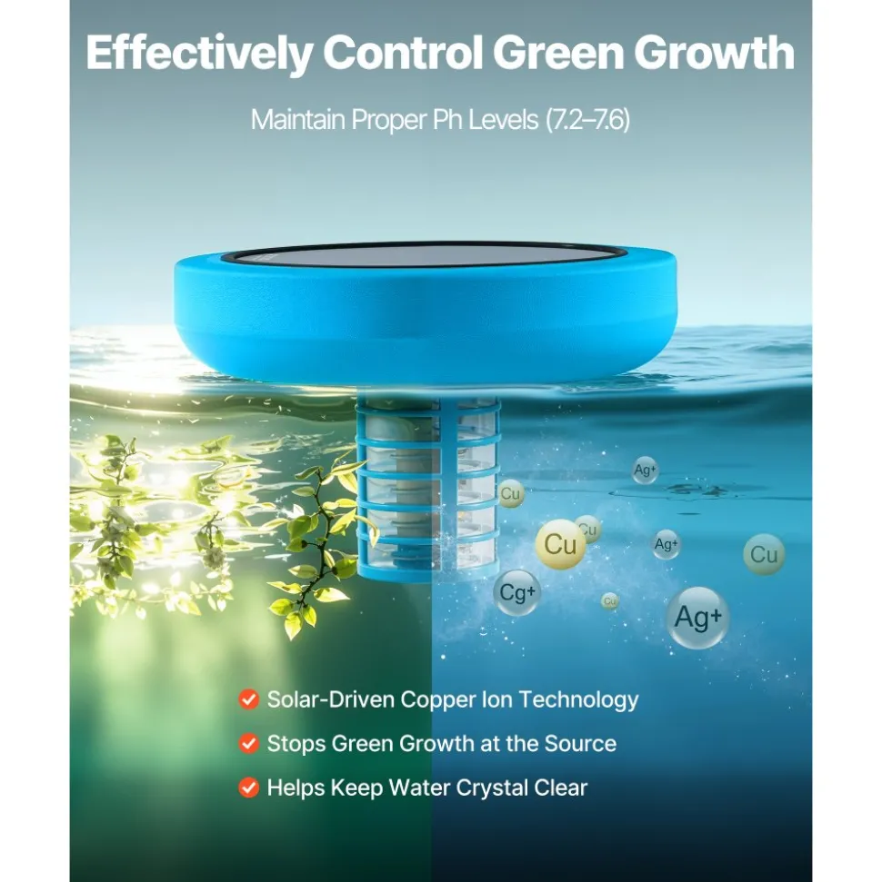 VEVOR Solar Pool Ionizer, Round Copper Pool Ionizer Up to 35000 Gal, Floating Automatic Water Cleaner and Purifier, Chlorine Free Water, with Copper Anode, Spring, Brush and Filter for Pools & Spas