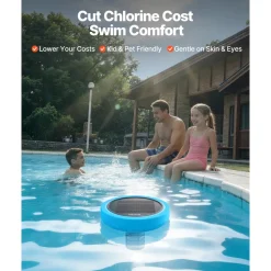 VEVOR Solar Pool Ionizer, Round Copper Pool Ionizer Up to 35000 Gal, Floating Automatic Water Cleaner and Purifier, Chlorine Free Water, with Copper Anode, Spring, Brush and Filter for Pools & Spas