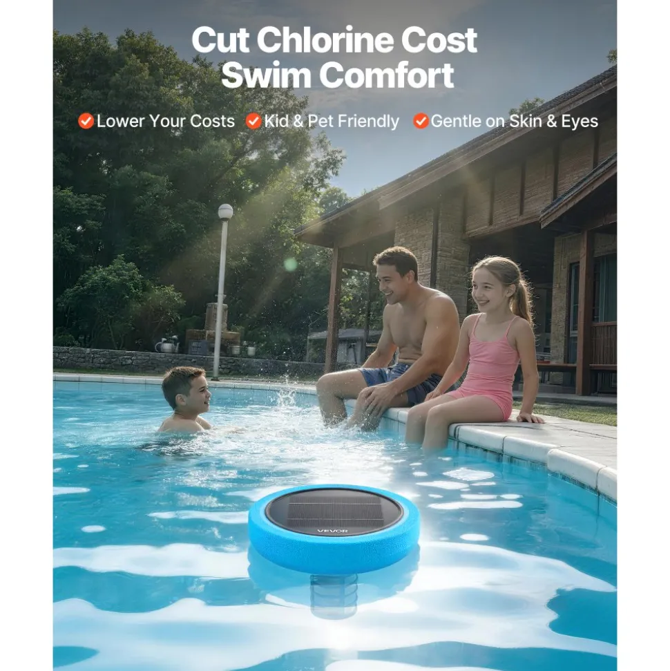 VEVOR Solar Pool Ionizer, Round Copper Pool Ionizer Up to 35000 Gal, Floating Automatic Water Cleaner and Purifier, Chlorine Free Water, with Copper Anode, Spring, Brush and Filter for Pools & Spas