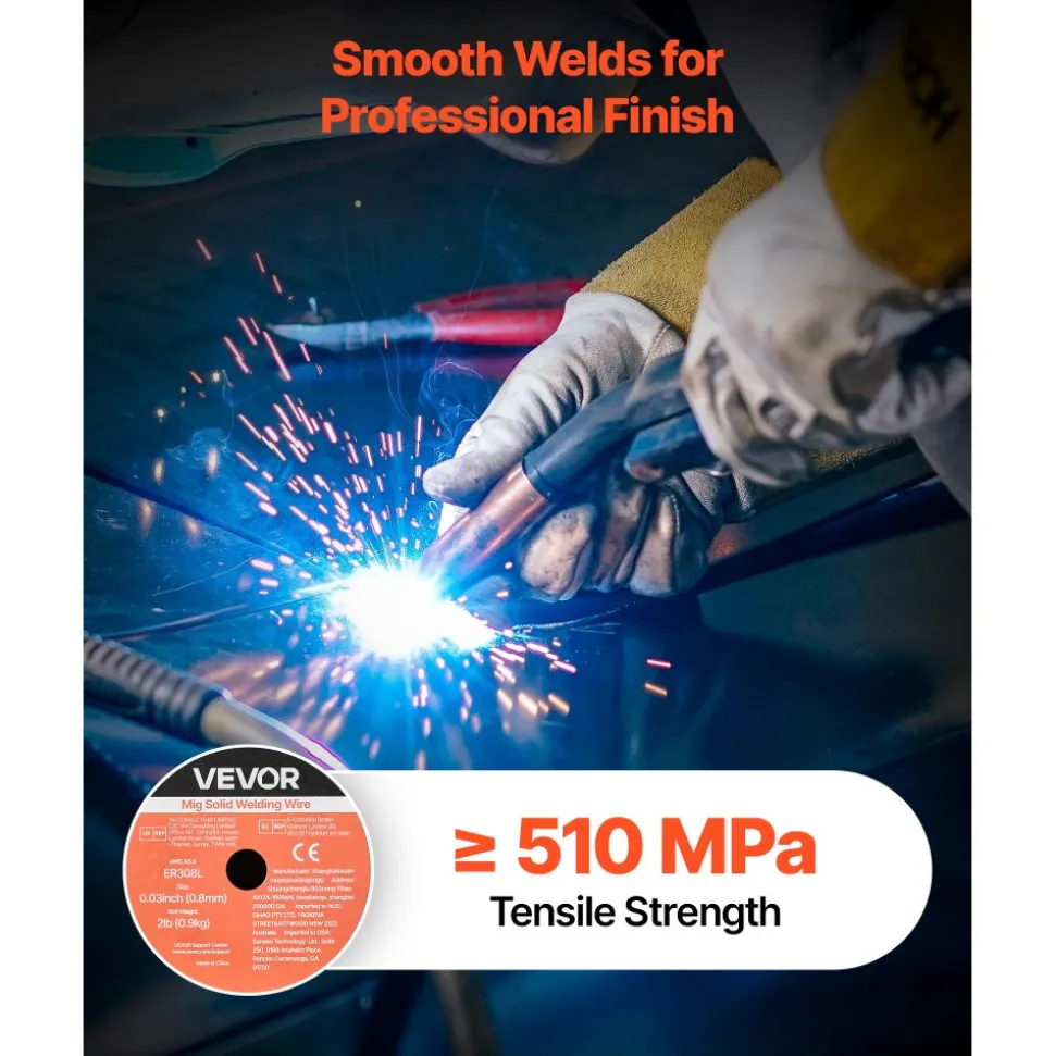 VEVOR Solid MIG Welding Wire, ER308L 0.03-inch 2 LBS, Low Spatter Stainless Steel Welding Wire with High Feedability for All-Position Gas Shielded Welding