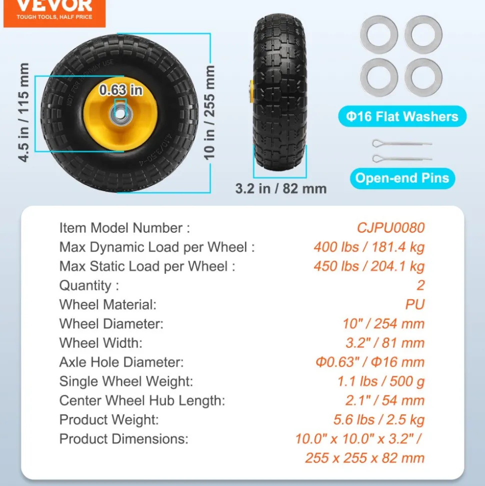 VEVOR Solid PU Run-Flat Tire Wheel, 10", 2-Pack, 400 lbs Dynamic Load, 450 lbs Static Load, Flat Free Tubeless Tires and Wheels for Hand Truck, Utility Cart, Dollies, Garden Trailers, Various Carts