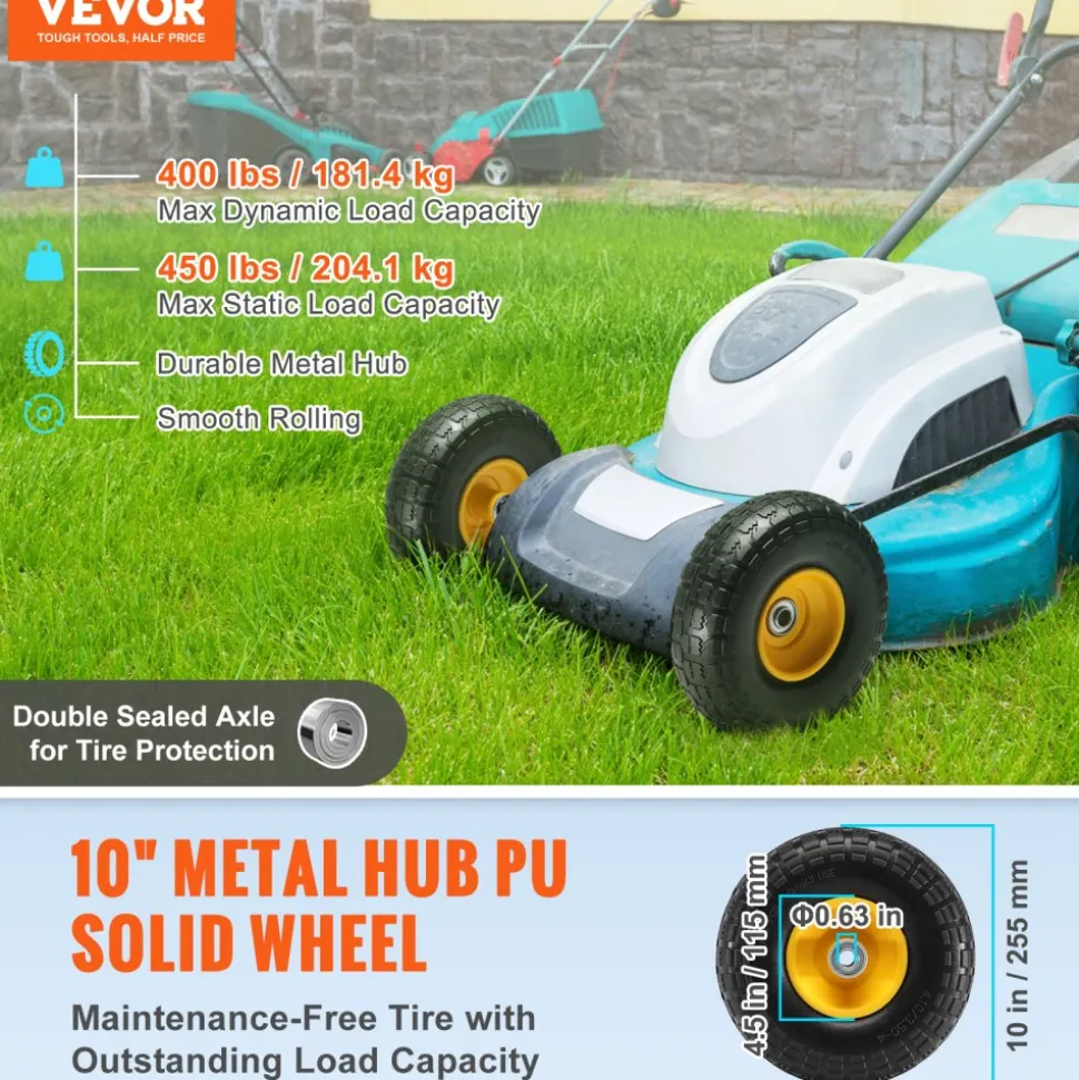 VEVOR Solid PU Run-Flat Tire Wheel, 10", 2-Pack, 400 lbs Dynamic Load, 450 lbs Static Load, Flat Free Tubeless Tires and Wheels for Hand Truck, Utility Cart, Dollies, Garden Trailers, Various Carts