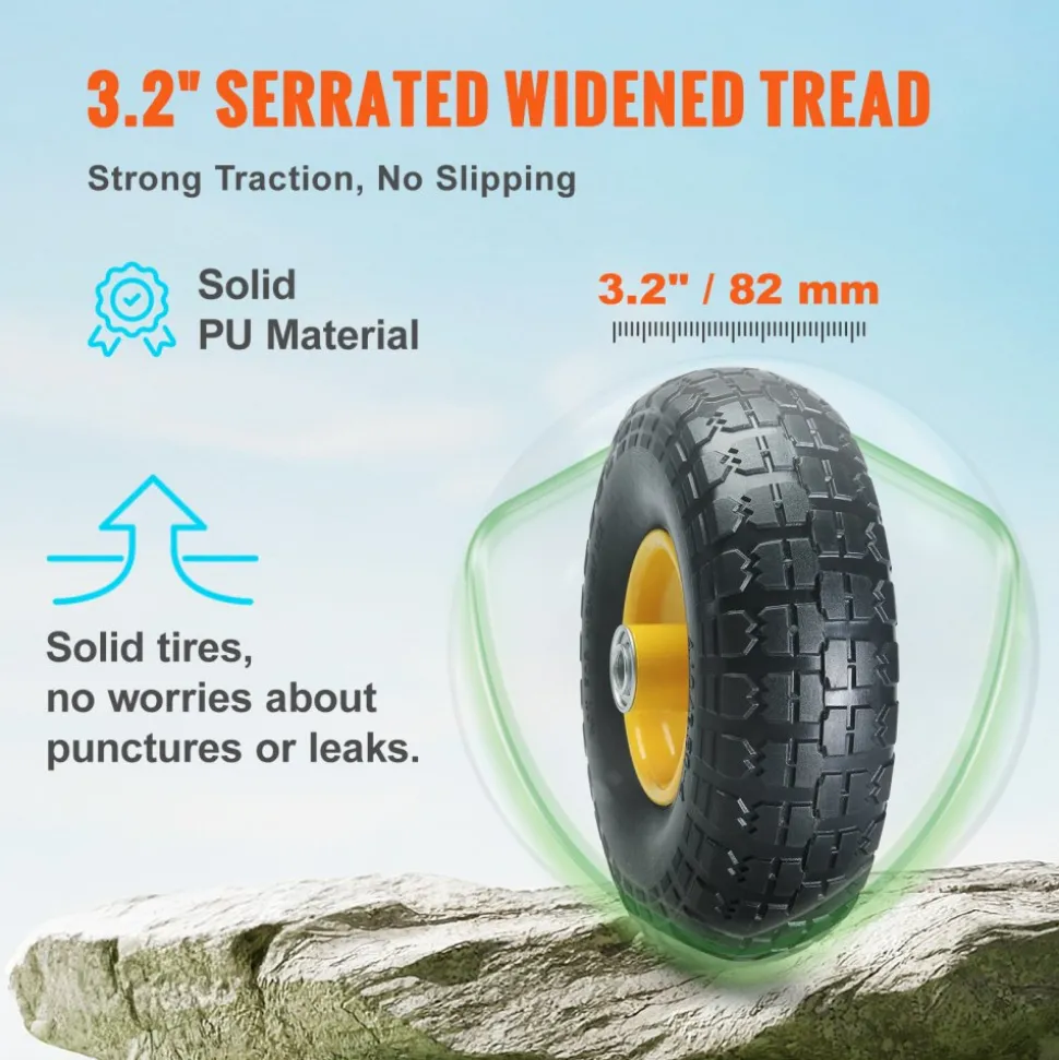VEVOR Solid PU Run-Flat Tire Wheel, 10", 2-Pack, 400 lbs Dynamic Load, 450 lbs Static Load, Flat Free Tubeless Tires and Wheels for Hand Truck, Utility Cart, Dollies, Garden Trailers, Various Carts
