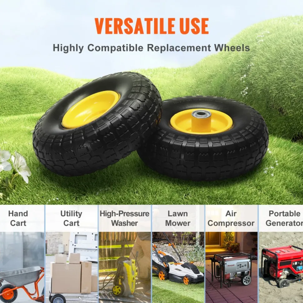 VEVOR Solid PU Run-Flat Tire Wheel, 10", 2-Pack, 400 lbs Dynamic Load, 450 lbs Static Load, Flat Free Tubeless Tires and Wheels for Hand Truck, Utility Cart, Dollies, Garden Trailers, Various Carts