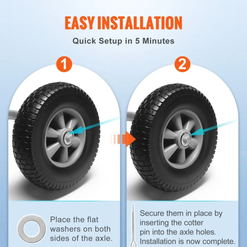 VEVOR Solid PU Run-Flat Tire Wheel, 10", 2-Pack, 180 lbs Dynamic Load, 220 lbs Static Load, Flat Free Tubeless Tires and Wheels for Hand Truck, Utility Cart, Dollies, Garden Trailers, Various Carts