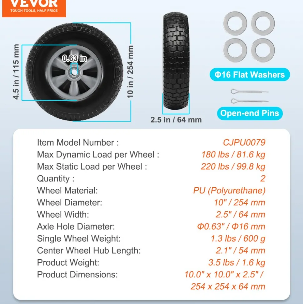 VEVOR Solid PU Run-Flat Tire Wheel, 10", 2-Pack, 180 lbs Dynamic Load, 220 lbs Static Load, Flat Free Tubeless Tires and Wheels for Hand Truck, Utility Cart, Dollies, Garden Trailers, Various Carts