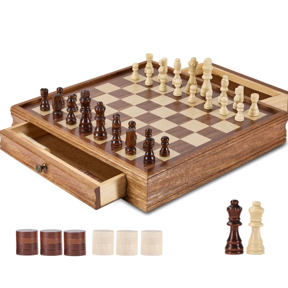 VEVOR Solid Wood Chess Set, 15 inch 2-IN-1 Chess Checkers Game Set, Chess Board Games with Storage Drawer & Weighted Chess Checkers Pieces & 2 Queens, for Adults Kids Tournament Professional Beginner