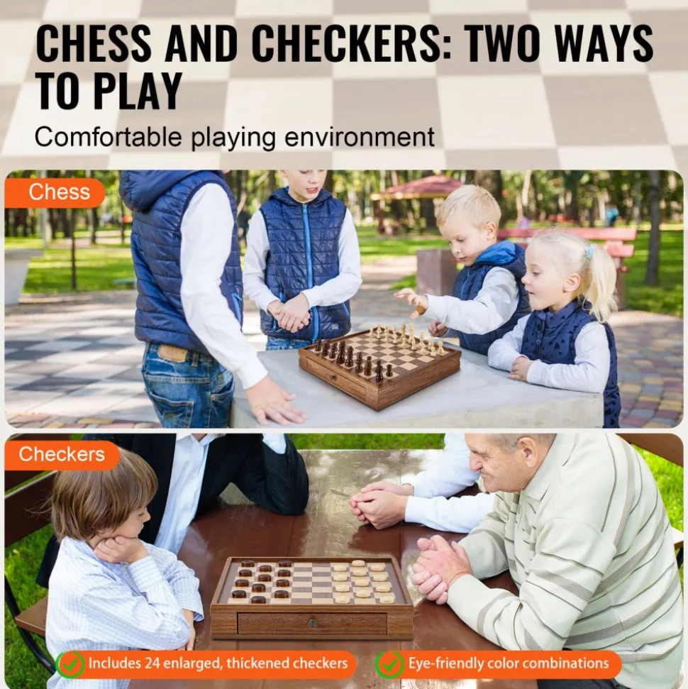 VEVOR Solid Wood Chess Set, 15 inch 2-IN-1 Chess Checkers Game Set, Chess Board Games with Storage Drawer & Weighted Chess Checkers Pieces & 2 Queens, for Adults Kids Tournament Professional Beginner