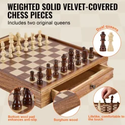 VEVOR Solid Wood Chess Set, 15 inch 2-IN-1 Chess Checkers Game Set, Chess Board Games with Storage Drawer & Weighted Chess Checkers Pieces & 2 Queens, for Adults Kids Tournament Professional Beginner
