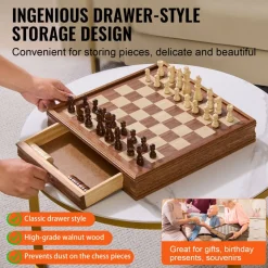 VEVOR Solid Wood Chess Set, 15 inch 2-IN-1 Chess Checkers Game Set, Chess Board Games with Storage Drawer & Weighted Chess Checkers Pieces & 2 Queens, for Adults Kids Tournament Professional Beginner