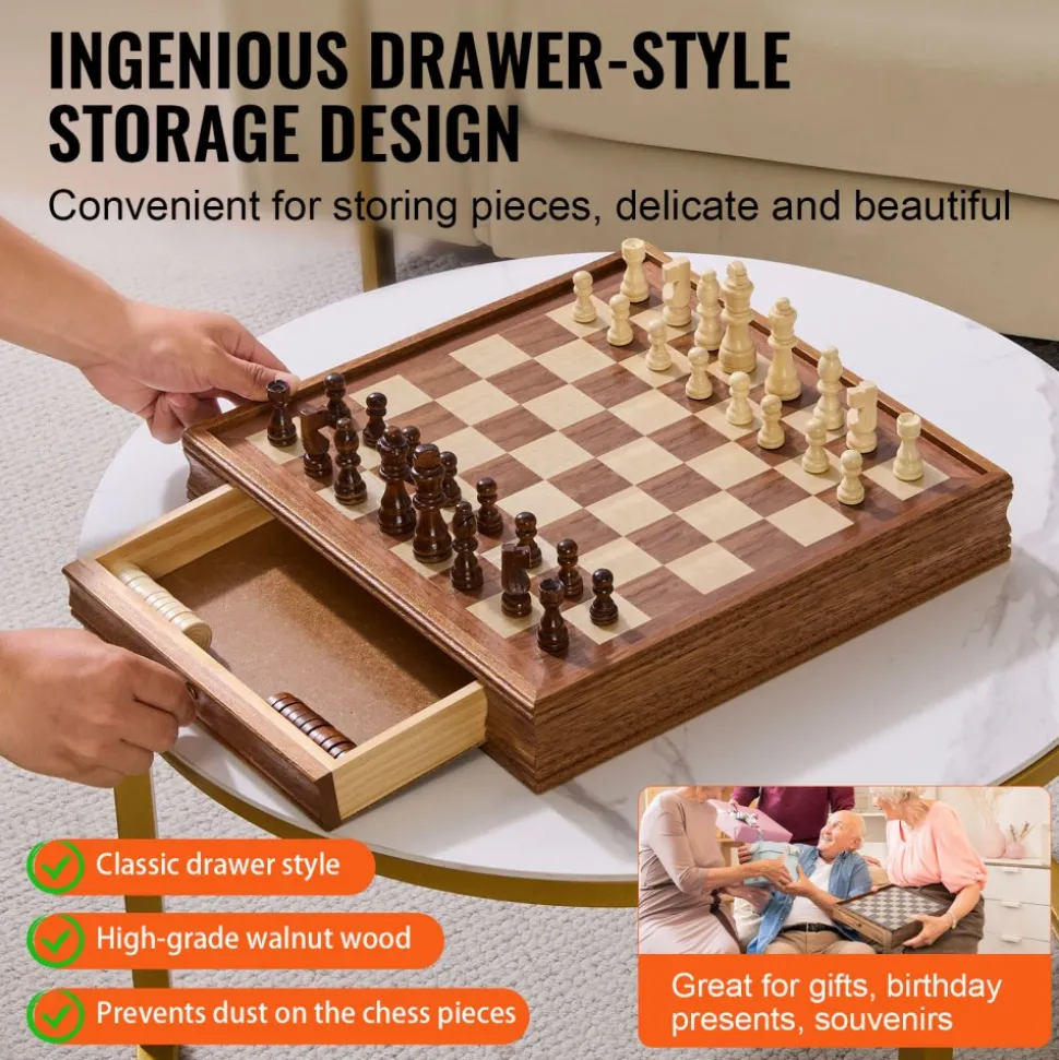 VEVOR Solid Wood Chess Set, 15 inch 2-IN-1 Chess Checkers Game Set, Chess Board Games with Storage Drawer & Weighted Chess Checkers Pieces & 2 Queens, for Adults Kids Tournament Professional Beginner